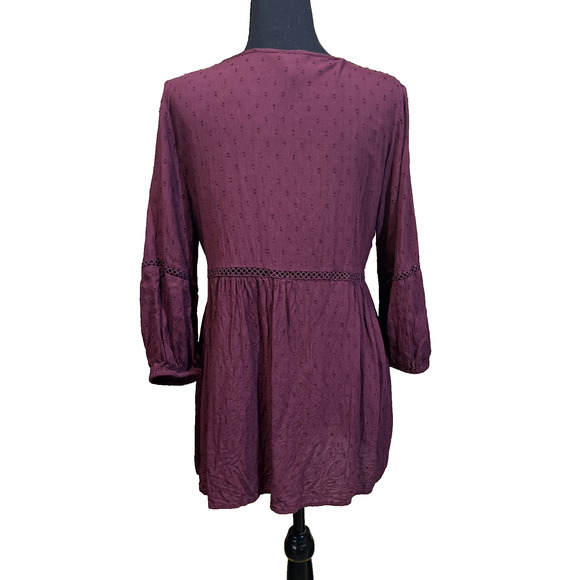 Arizona Babydoll Tunic Top Embroidered Burgundy Size Large Boho Peasant Y2K - Picture 2 of 10